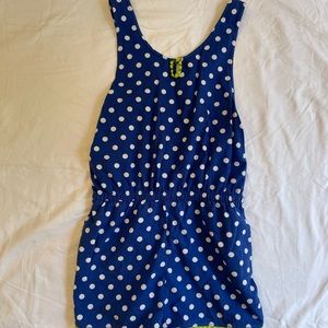 Girls Lands End romper, polkadots, size 7-8, blue, white, green, pockets, shorts